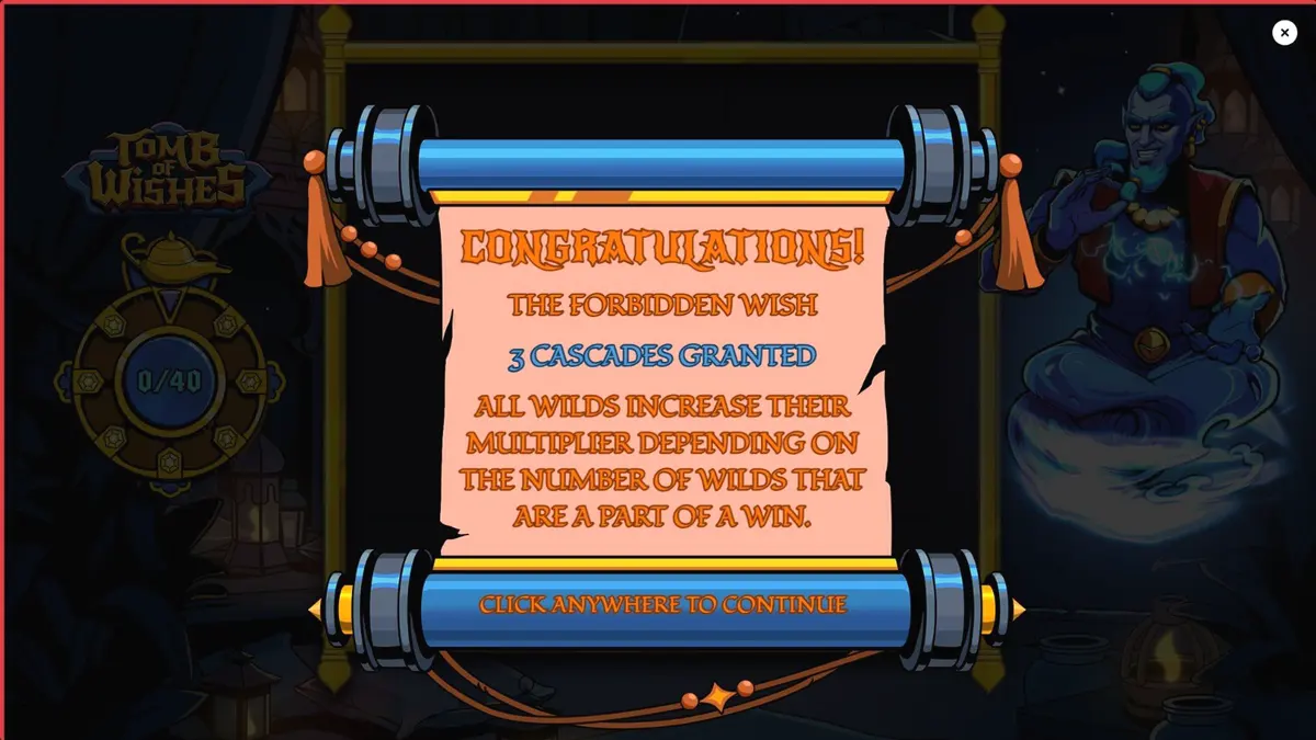 Tomb of Wishes slot machine screen with genie theme
