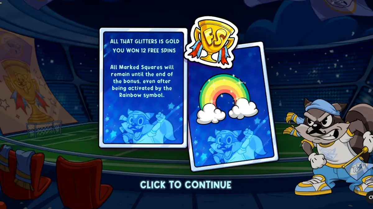 Tampilan antarmuka seluler slot Le Football Fan dengan rakun maskot dan grid cluster pays