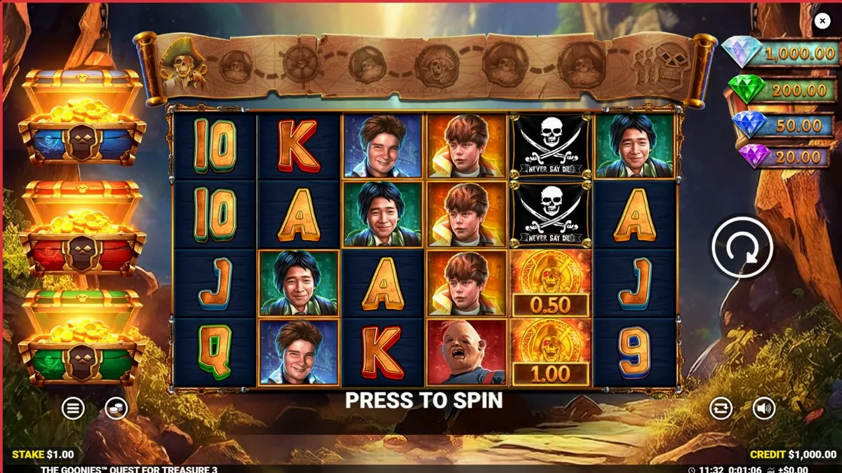 Tampilan visual slot The Goonies Quest for Treasure 3 dengan nuansa petualangan bajak laut.